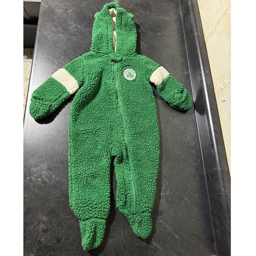 NBA Boston Celtics Baby Sherpa Fleece Hooded Pram Bunting Suit Green Zipper
